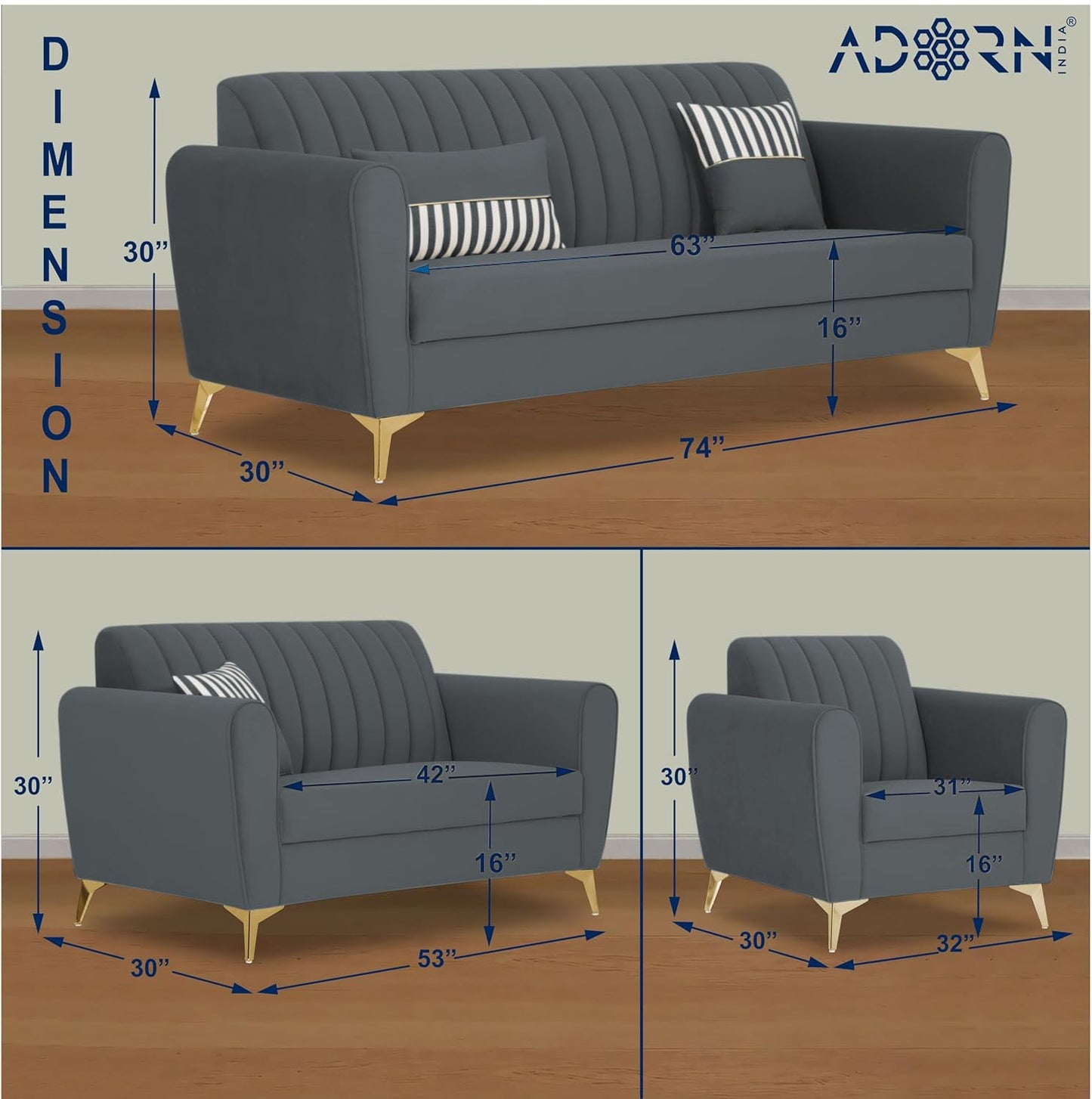 Adorn India Premium Luster 3+2+1 Sofa Set | Velvet Suede Fabric | 3-Year Warranty | Color Dark Grey with Golden Legs & Striped Pattern Cushion