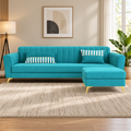 Premium Luster 4 Seater L Shape Sofa Set | Velvet Suede Fabric | 3-Year Warranty | Color Aqua Blue with Golden Legs & Striped Pattern Cushion