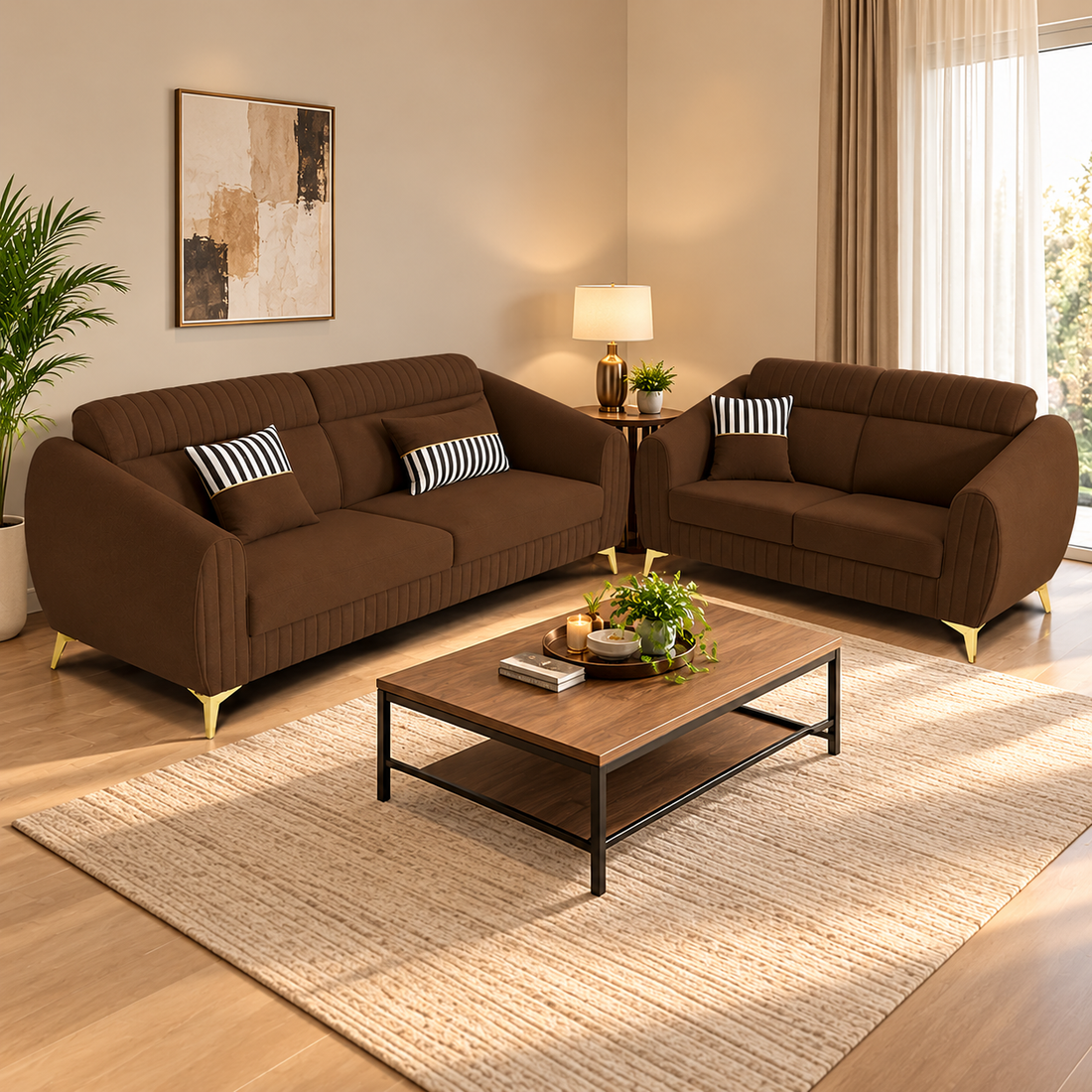 Premium Luster Plus 3-2 Sofa Set | Velvet Suede Fabric | 3-Year Warranty | Color Brown with Golden Legs & Striped Pattern Cushion