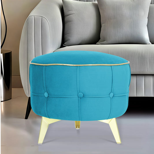Adorn India Macolm Round 1 Seater Ottoman Pouffe Tufted Pattern with Velvet Suede Fabric (Aqua Blue)