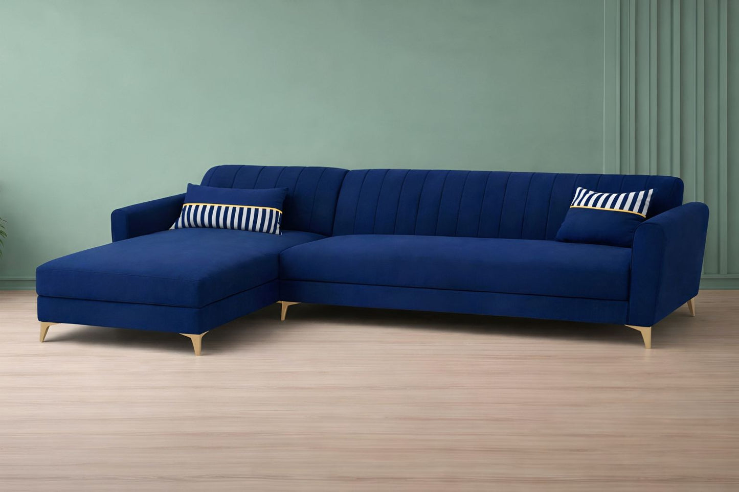 Adorn India Premium Luster 6 Seater L Shape Sofa Set | Velvet Suede Fabric | 3-Year Warranty | LHS |Color Blue with Golden Legs & Striped Pattern Cushion