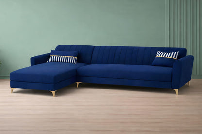 Adorn India Premium Luster 6 Seater L Shape Sofa Set | Velvet Suede Fabric | 3-Year Warranty | LHS |Color Blue with Golden Legs & Striped Pattern Cushion