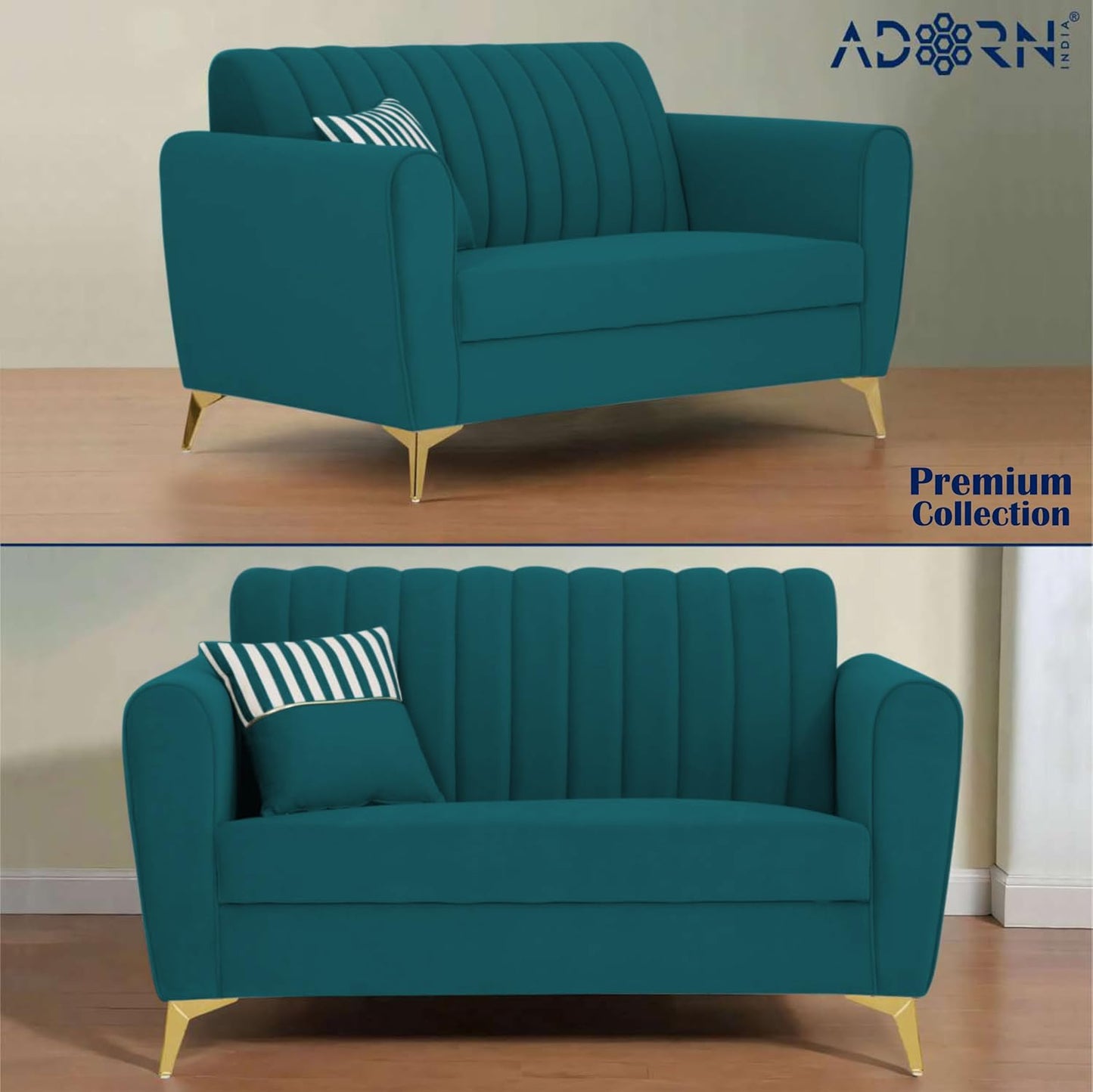 Adorn India Premium Luster 3-2 Sofa Set | Velvet Suede Fabric | 3-Year Warranty | Color Ocean Blue with Golden Legs & Striped Pattern Cushion