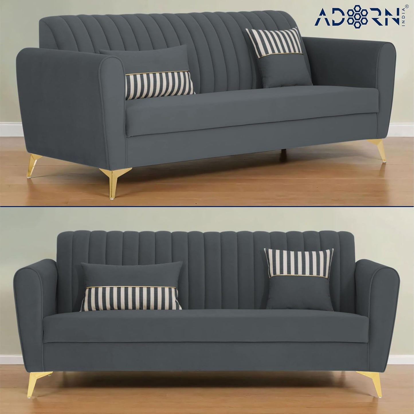 Adorn India Premium Luster 3+2+1 Sofa Set | Velvet Suede Fabric | 3-Year Warranty | Color Dark Grey with Golden Legs & Striped Pattern Cushion