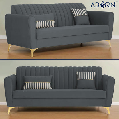 Adorn India Premium Luster 3+2+1 Sofa Set | Velvet Suede Fabric | 3-Year Warranty | Color Dark Grey with Golden Legs & Striped Pattern Cushion