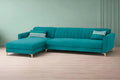 Adorn India Premium Luster 6 Seater L Shape Sofa Set | Velvet Suede Fabric | 3-Year Warranty | LHS |Color Aqua Blue with Golden Legs & Striped Pattern Cushion