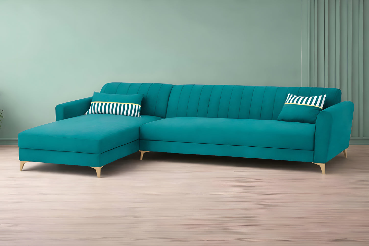 Adorn India Premium Luster 6 Seater L Shape Sofa Set | Velvet Suede Fabric | 3-Year Warranty | LHS |Color Aqua Blue with Golden Legs & Striped Pattern Cushion