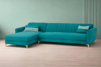 Adorn India Premium Luster 6 Seater L Shape Sofa Set | Velvet Suede Fabric | 3-Year Warranty | LHS |Color Aqua Blue with Golden Legs & Striped Pattern Cushion