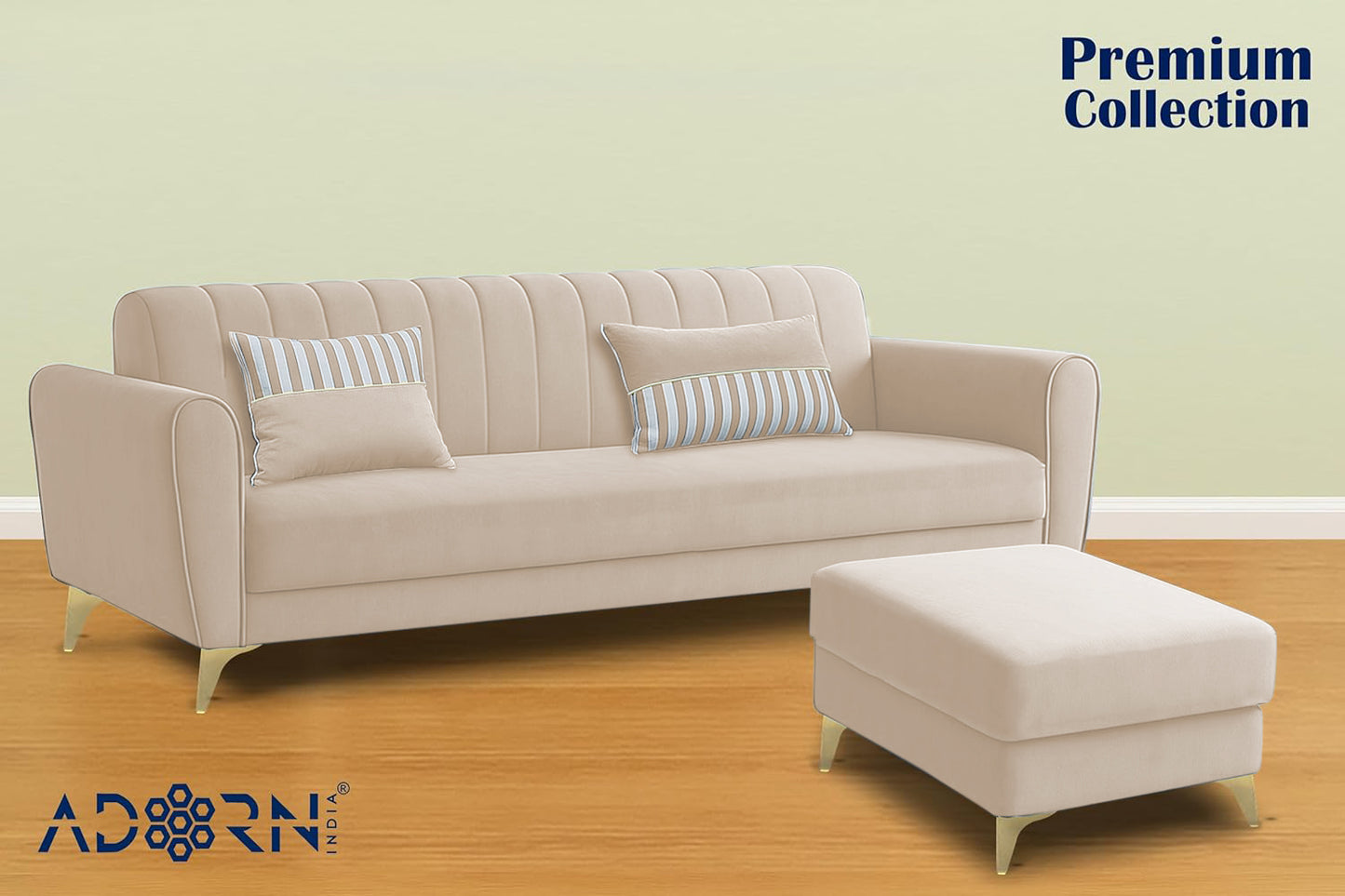 Adorn India Premium Luster 4 Seater L Shape Sofa Set | Velvet Suede Fabric | 3-Year Warranty | Color Cream with Golden Legs & Striped Pattern Cushion