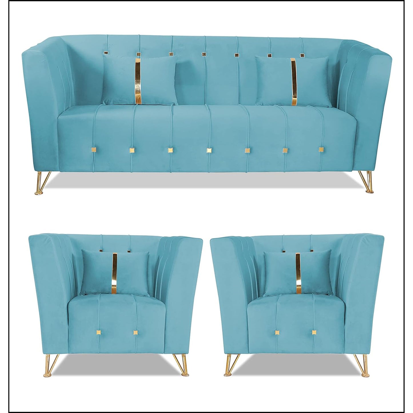 Adorn India Premium Lotus 3-1-1 5 Seater Sofa Set (Velvet Fabric Colour Aqua Blue)