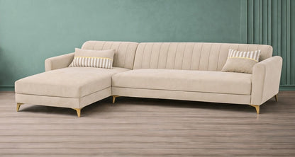 Adorn India Premium Luster 6 Seater L Shape Sofa Set | Velvet Suede Fabric | 3-Year Warranty | LHS |Color Cream with Golden Legs & Striped Pattern Cushion