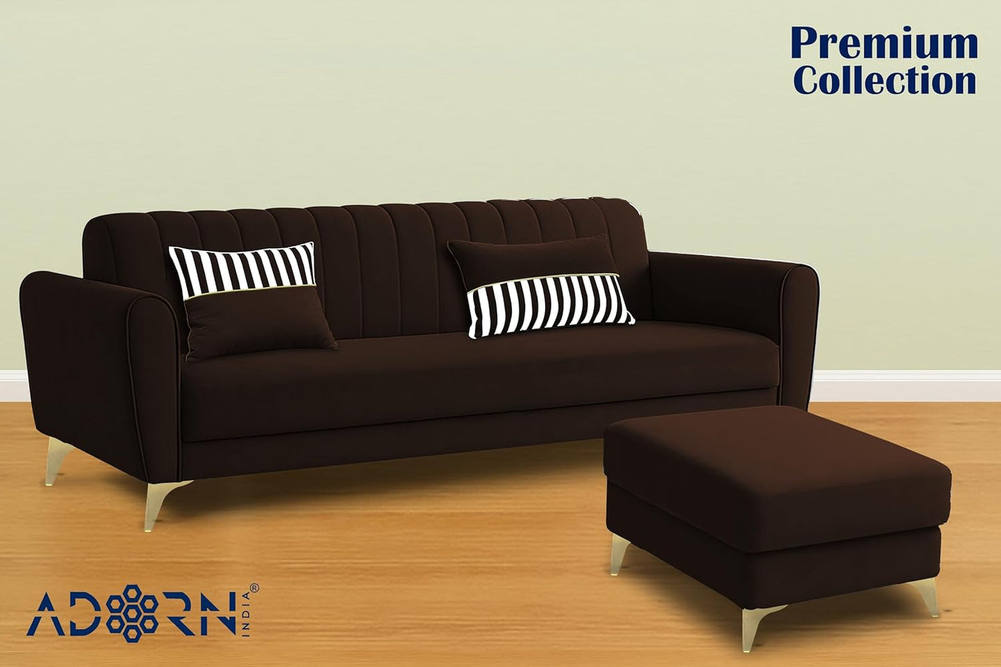 Adorn India Premium Luster 4 Seater L Shape Sofa Set | Velvet Suede Fabric | 3-Year Warranty | Color Grey Brown with Golden Legs & Striped Pattern Cushion