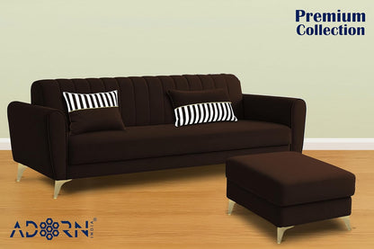 Adorn India Premium Luster 4 Seater L Shape Sofa Set | Velvet Suede Fabric | 3-Year Warranty | Color Grey Brown with Golden Legs & Striped Pattern Cushion