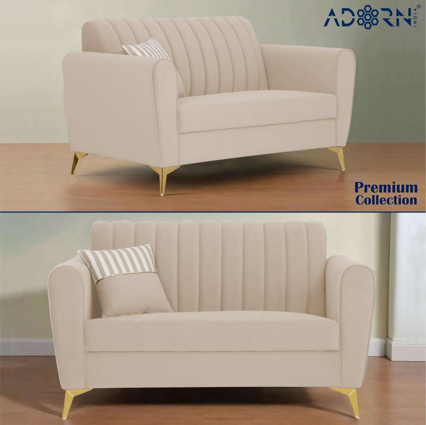 Adorn India Premium Luster 3-2 Sofa Set | Velvet Suede Fabric | 3-Year Warranty | Color Cream with Golden Legs & Striped Pattern Cushion