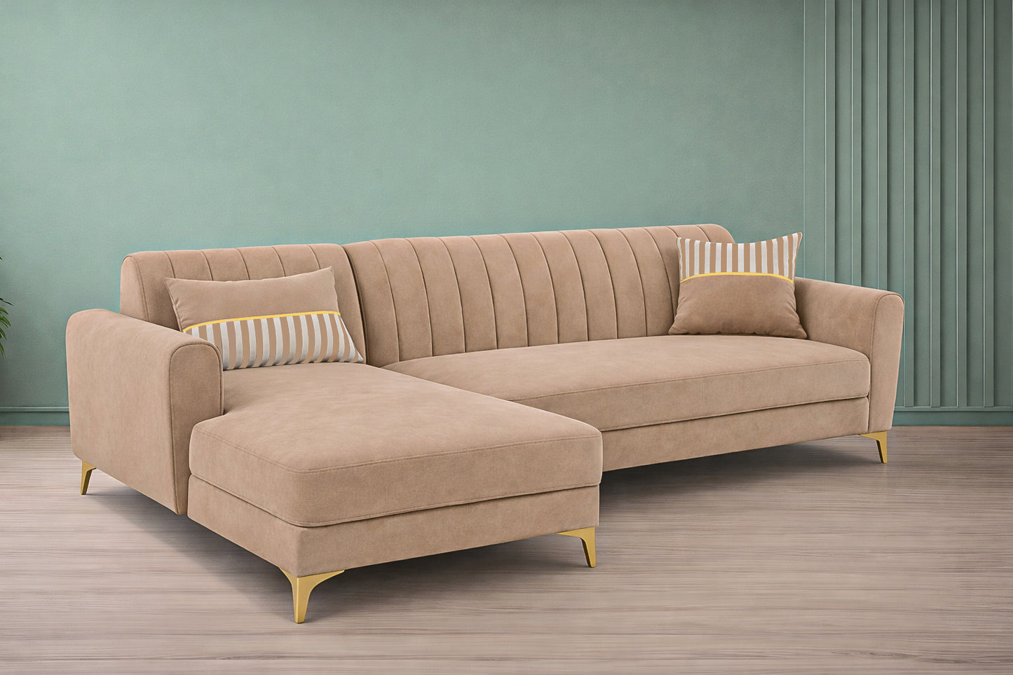 Adorn India Premium Luster 6 Seater L Shape Sofa Set | Velvet Suede Fabric | 3-Year Warranty | LHS |Color Beige with Golden Legs & Striped Pattern Cushion