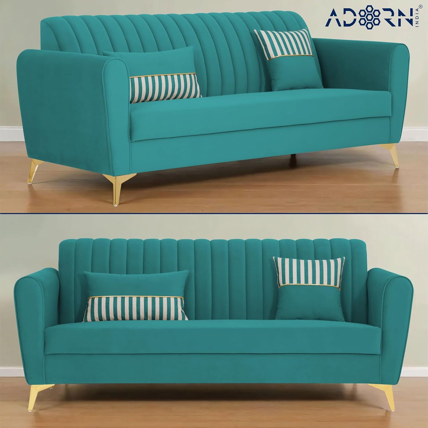 Adorn India Premium Luster 3-2 Sofa Set | Velvet Suede Fabric | 3-Year Warranty | Color Aqua Blue with Golden Legs & Striped Pattern Cushion (Copy)