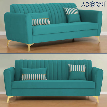 Adorn India Premium Luster 3-2 Sofa Set | Velvet Suede Fabric | 3-Year Warranty | Color Aqua Blue with Golden Legs & Striped Pattern Cushion (Copy)