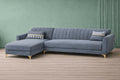 Adorn India Premium Luster 6 Seater L Shape Sofa Set | Velvet Suede Fabric | 3-Year Warranty | LHS |Color Grey with Golden Legs & Striped Pattern Cushion