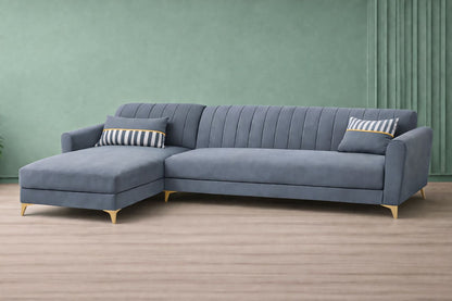 Adorn India Premium Luster 6 Seater L Shape Sofa Set | Velvet Suede Fabric | 3-Year Warranty | LHS |Color Grey with Golden Legs & Striped Pattern Cushion