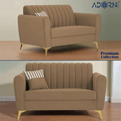 Adorn India Premium Luster 3-2 Sofa Set | Velvet Suede Fabric | 3-Year Warranty | Color Camel with Golden Legs & Striped Pattern Cushion