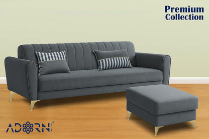 Adorn India Premium Luster 4 Seater L Shape Sofa Set | Velvet Suede Fabric | 3-Year Warranty | Color Dark Grey with Golden Legs & Striped Pattern Cushion