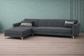 Adorn India Premium Luster 6 Seater L Shape Sofa Set | Velvet Suede Fabric | 3-Year Warranty | LHS |Color Dark Grey with Golden Legs & Striped Pattern Cushion