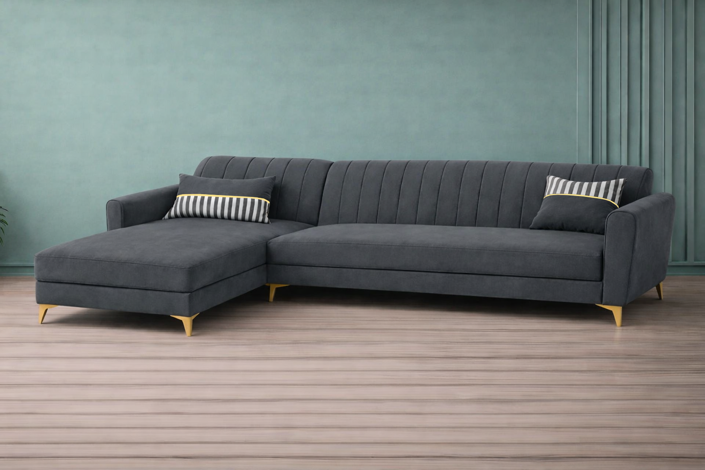 Adorn India Premium Luster 6 Seater L Shape Sofa Set | Velvet Suede Fabric | 3-Year Warranty | LHS |Color Dark Grey with Golden Legs & Striped Pattern Cushion