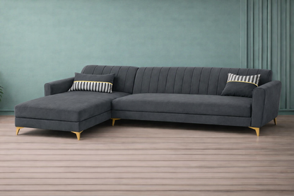 Adorn India Premium Luster 6 Seater L Shape Sofa Set | Velvet Suede Fabric | 3-Year Warranty | LHS |Color Dark Grey with Golden Legs & Striped Pattern Cushion