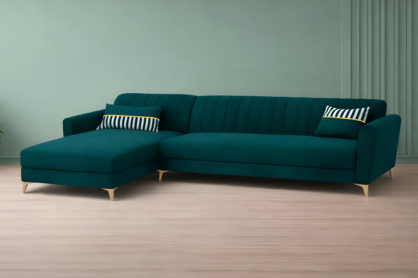 Adorn India Premium Luster 6 Seater L Shape Sofa Set | Velvet Suede Fabric | 3-Year Warranty | LHS |Color Ocean Blue with Golden Legs & Striped Pattern Cushion
