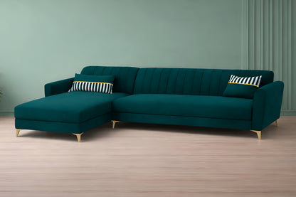 Adorn India Premium Luster 6 Seater L Shape Sofa Set | Velvet Suede Fabric | 3-Year Warranty | LHS |Color Ocean Blue with Golden Legs & Striped Pattern Cushion