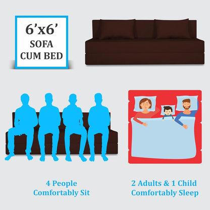 Adorn India Easy 4 Seater Sofa Cum Bed | Velvet Fabric | Brown | Plain Design | 6x6 Ft | Comfortable Seating | Washable Cover | Perfect for Home & Office