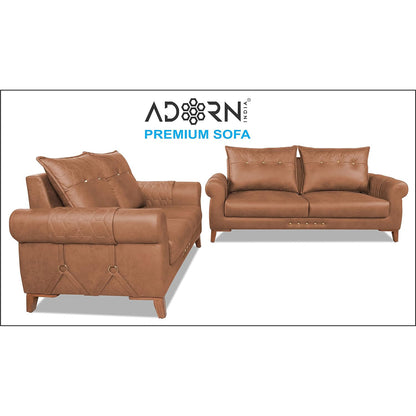 Adorn India Premium Jarvis 3+2 Five Seater Sofa Set (Leatherette Suede Fabric Colour Tan)