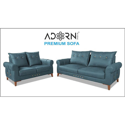 Adorn India Premium Jarvis 3+2 Five Seater Sofa Set (Leatherette Suede Fabric Colour Blue)