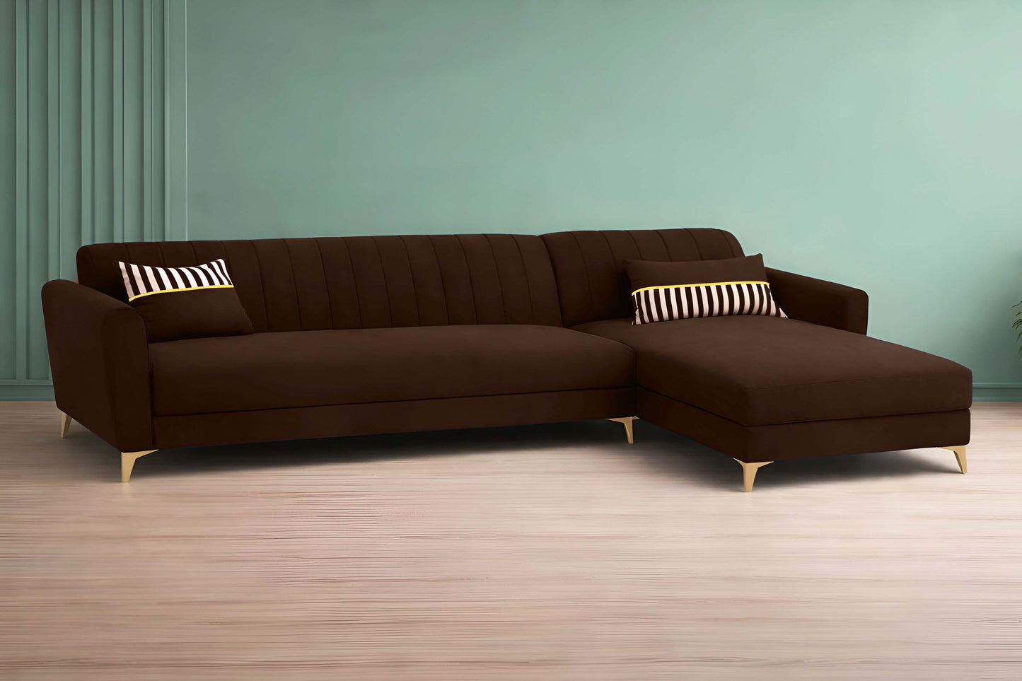 Adorn India Premium Luster 6 Seater L Shape Sofa Set | Velvet Suede Fabric | 3-Year Warranty | LHS |Color Brown with Golden Legs & Striped Pattern Cushion