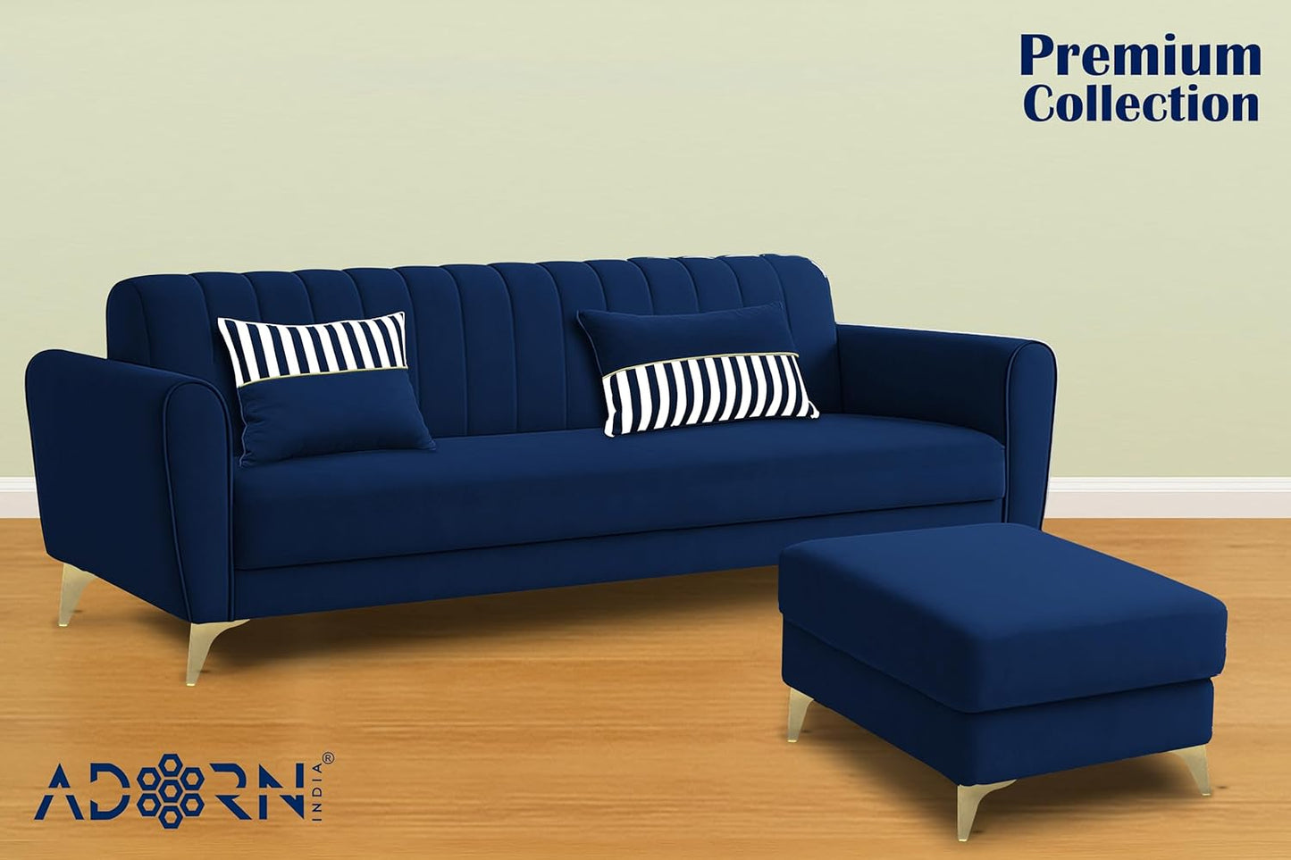 Adorn India Premium Luster 4 Seater L Shape Sofa Set | Velvet Suede Fabric | 3-Year Warranty | Color Blue with Golden Legs & Striped Pattern Cushion