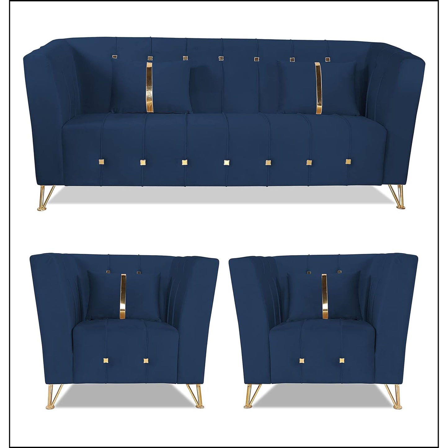 Adorn India Premium Lotus 3-1-1 5 Seater Sofa Set (Velvet Suede Fabric Colour Blue)