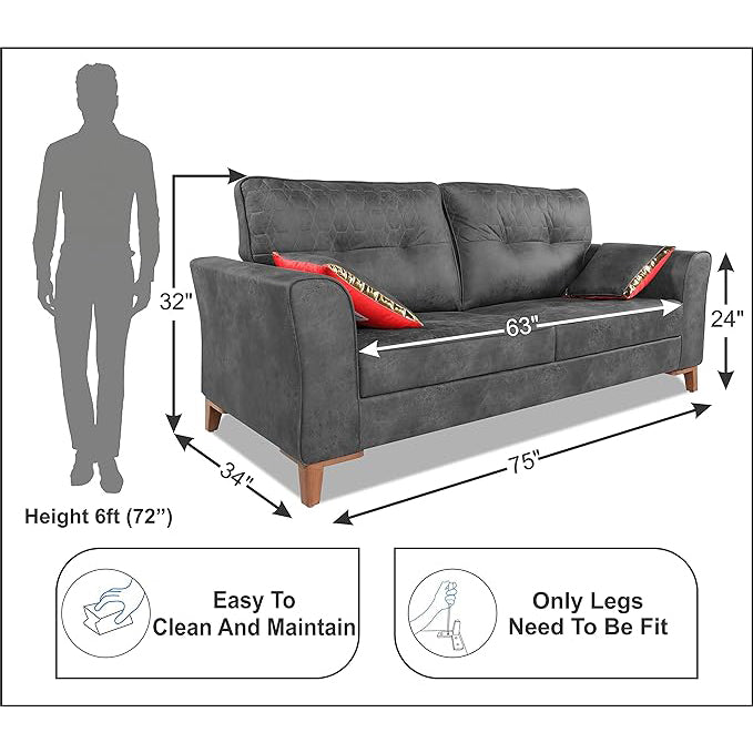Adorn India Premium Aslaug 3 Seater Sofa (Leatherette Suede Fabric Colour Grey)