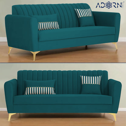 Adorn India Premium Luster 3-2-1 Sofa Set | Velvet Suede Fabric | 3-Year Warranty | Color Ocean Blue with Golden Legs & Striped Pattern Cushion