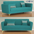 Adorn India Premium Luster 3-1-1 Sofa Set | Velvet Suede Fabric | 3-Year Warranty | Color Aqua Blue with Golden Legs & Striped Pattern Cushion