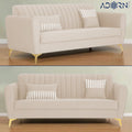 Adorn India Premium Luster 3 Seater | Velvet Suede Fabric | 3-Year Warranty | Color Cream with Golden Legs & Striped Pattern Cushion
