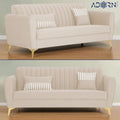 Adorn India Premium Luster 3-2-1 Sofa Set | Velvet Suede Fabric | 3-Year Warranty | Color Cream with Golden Legs & Striped Pattern Cushion