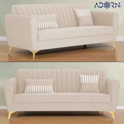 Adorn India Premium Luster 3-2-1 Sofa Set | Velvet Suede Fabric | 3-Year Warranty | Color Cream with Golden Legs & Striped Pattern Cushion