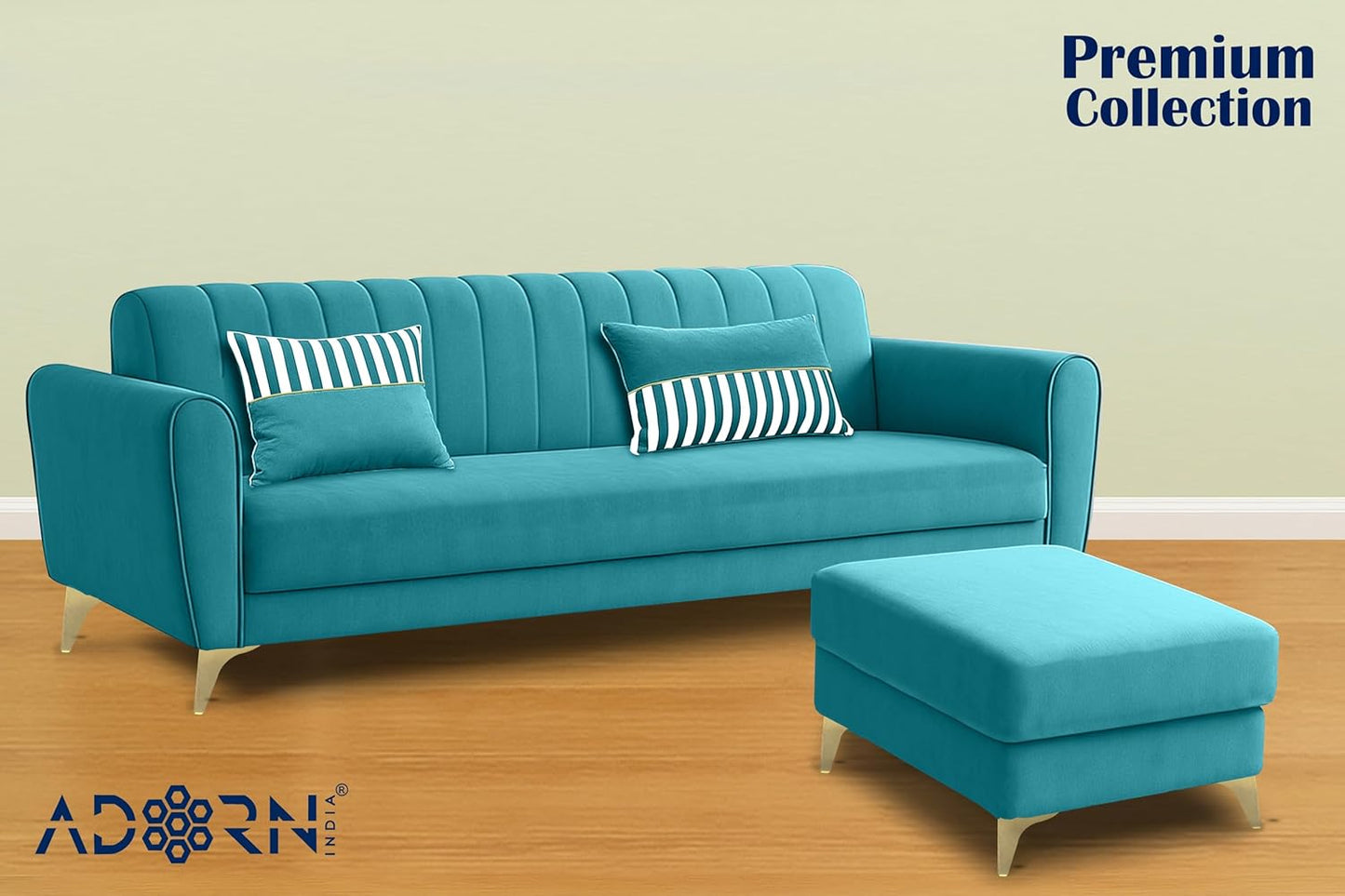 Adorn India Premium Luster 4 Seater L Shape Sofa Set | Velvet Suede Fabric | 3-Year Warranty | Color Aqua Blue with Golden Legs & Striped Pattern Cushion