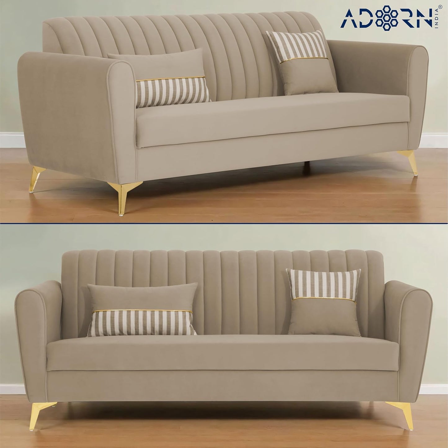 Adorn India Premium Luster 3+1+1 Sofa Set | Velvet Suede Fabric | 3-Year Warranty | Color Beige with Golden Legs & Striped Pattern Cushion