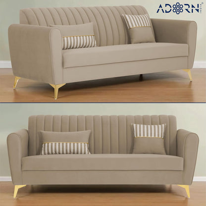 Adorn India Premium Luster 3+1+1 Sofa Set | Velvet Suede Fabric | 3-Year Warranty | Color Beige with Golden Legs & Striped Pattern Cushion