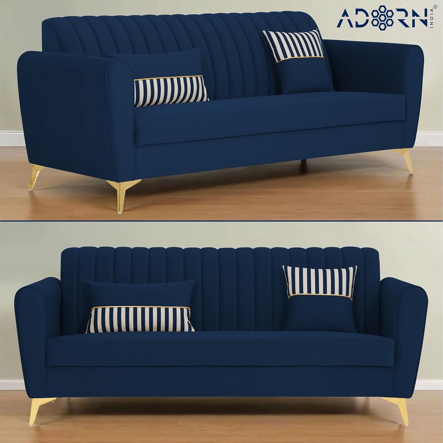 Adorn India Premium Luster 3-1-1 Sofa Set | Velvet Suede Fabric | 3-Year Warranty | Color Blue with Golden Legs & Striped Pattern Cushion