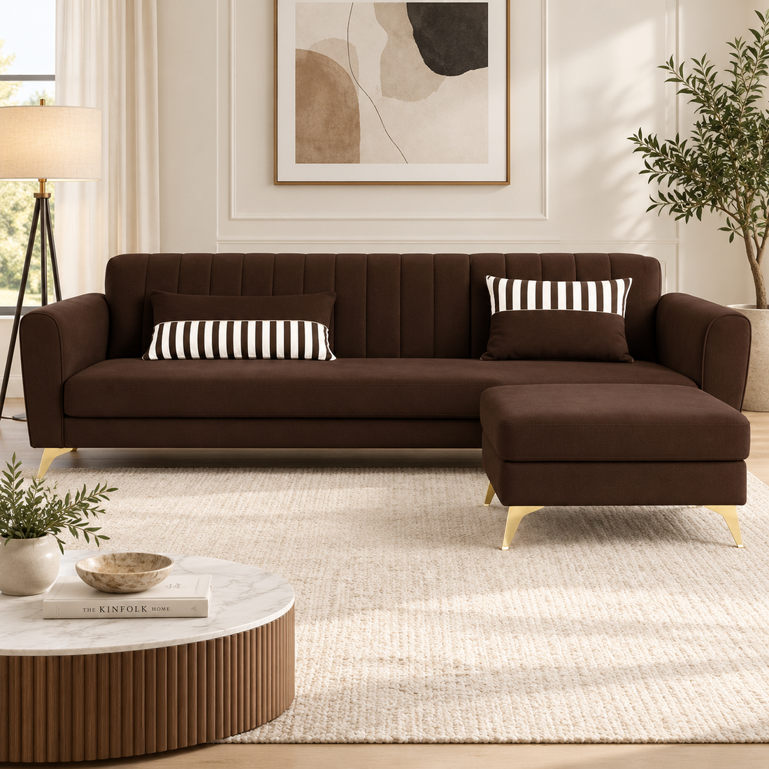 Premium Luster 4 Seater L Shape Sofa Set | Velvet Suede Fabric | 3-Year Warranty | Color Brown with Golden Legs & Striped Pattern Cushion