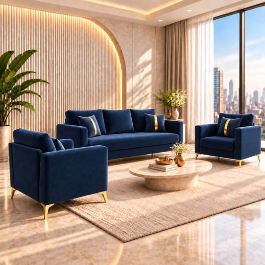 Premium Chandler - - 3+1+1 Sofa Set Velvet Suede Fabric - Blue