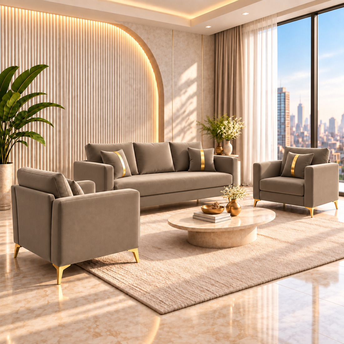 Premium Chandler - - 3+1+1 Sofa Set Velvet Suede Fabric - Beige