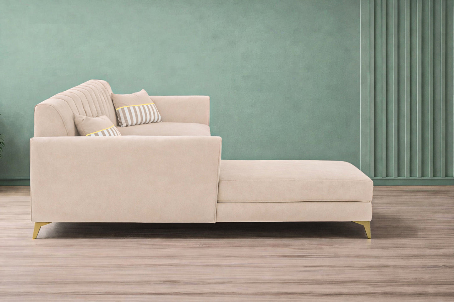 Adorn India Premium Luster 6 Seater L Shape Sofa Set | Velvet Suede Fabric | 3-Year Warranty | LHS |Color Cream with Golden Legs & Striped Pattern Cushion
